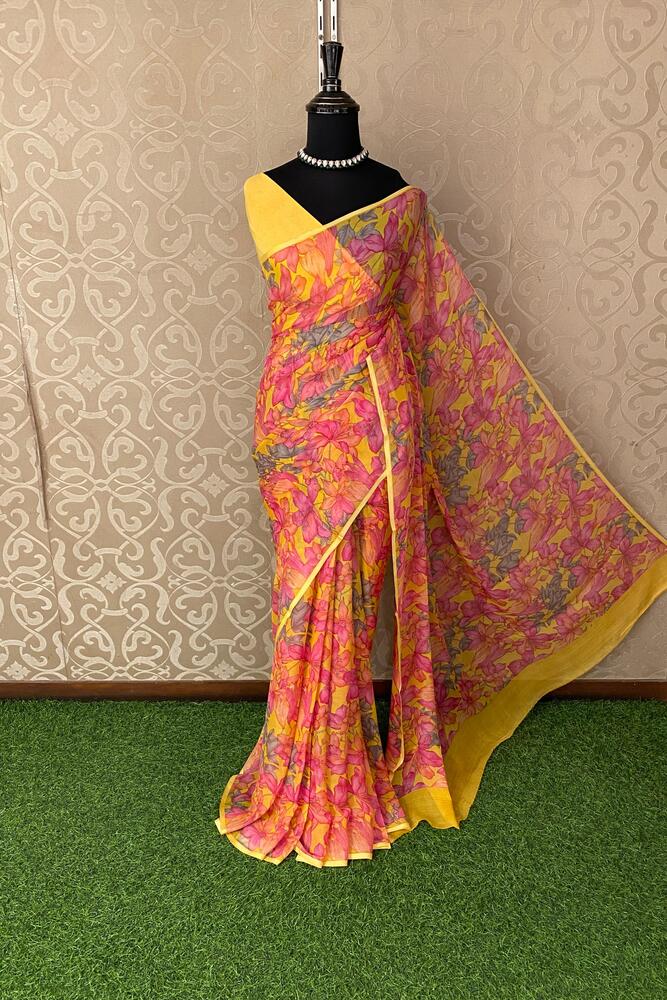 Yellow Floral Printed Chiffon Saree, With Unstiched Blouse Piece