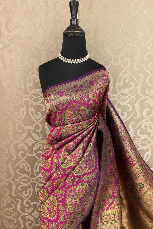 Deep purple Saarang Sarees Kanjeevaram silk saree with traditional gold zari work and matching unstiched blouse for elegant attire.