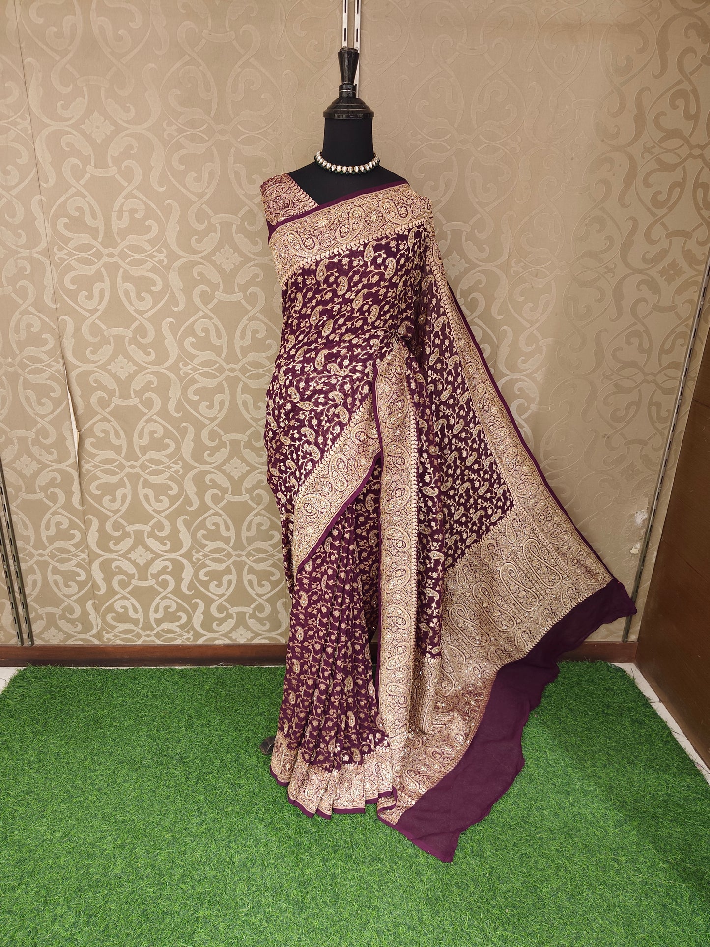 Wine Georgette Khaddi Embroidery Saree, With Unstiched Blouse