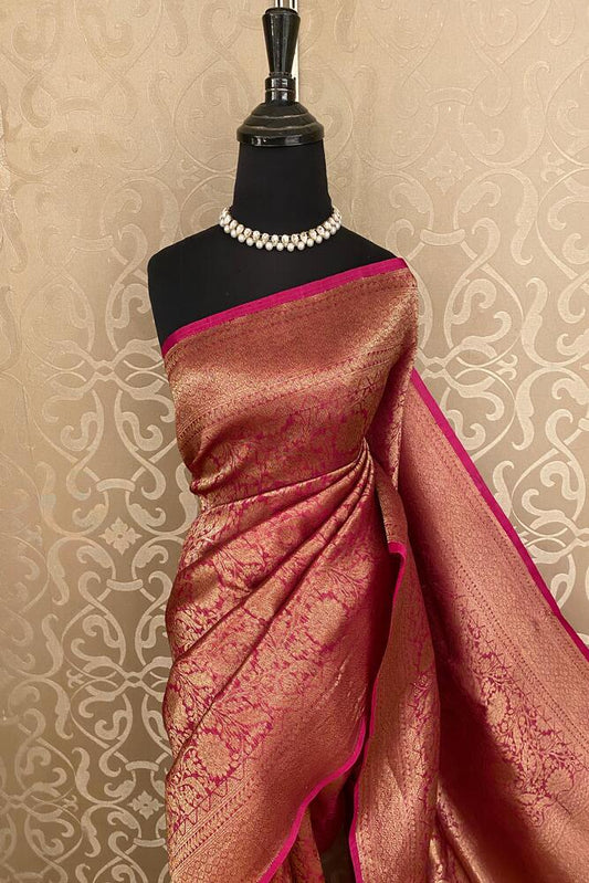 Magenta Brocade Kora Banarasi Silk Saree, With Unstiched Blouse