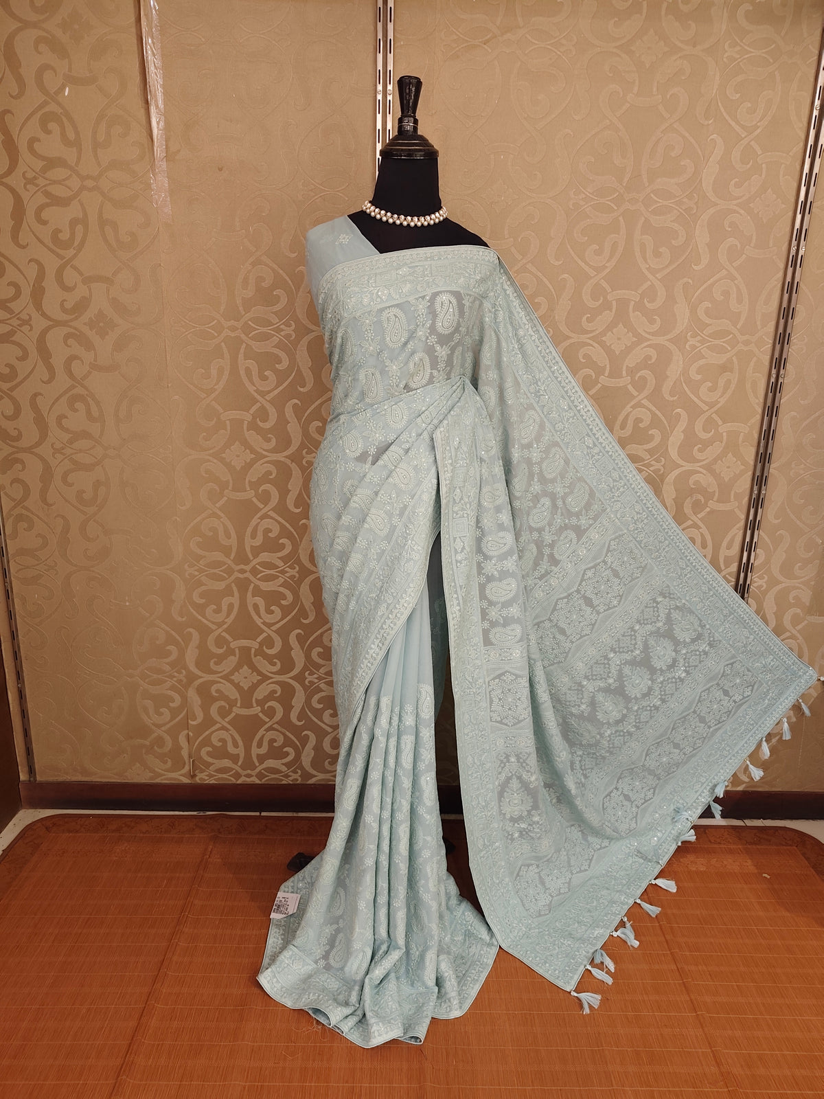 Sky Georgette Chikankari Embroidery Saree, With Unstitched Blouse