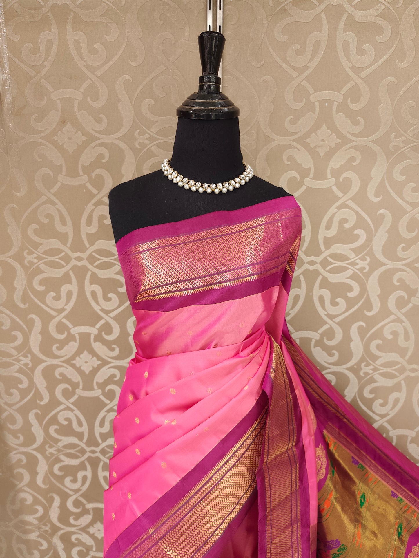Pink & Wine Paithani Silk Saree, Multi Colour Weaving, With Unstiched Blouse