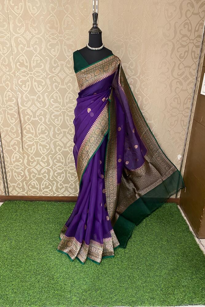 Purple Kora Banarasi Silk Saree, With Unstiched Blouse