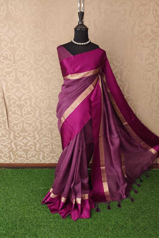 Purple Tussar Banarasi silk saree with hand-woven motifs and unstiched blouse from Saarang Sarees, traditional Indian attire.