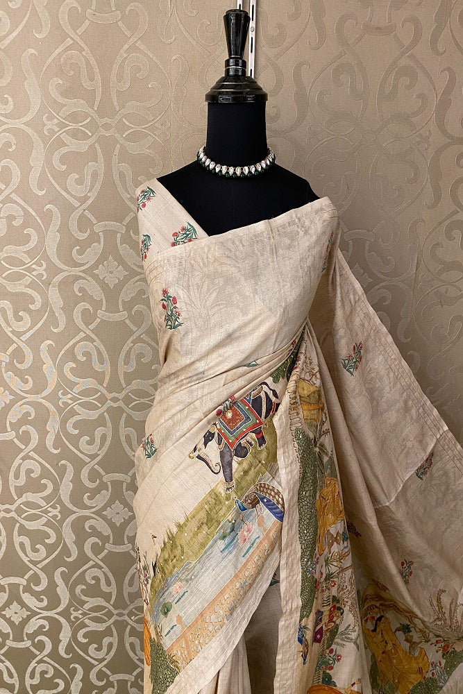 Beige Tussar Pichwai With Aari Work Saree, With Unstiched Blouse