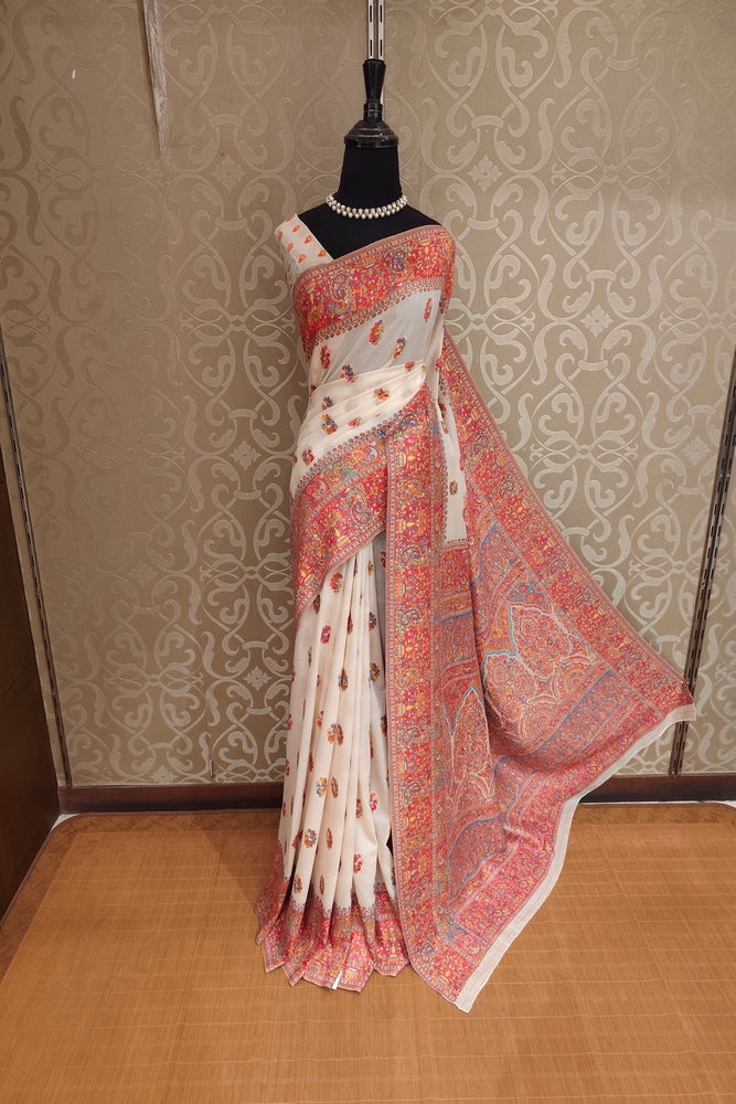 Off-White Pure Kani Handloom Silk Saree With Floral Woven Blouse
