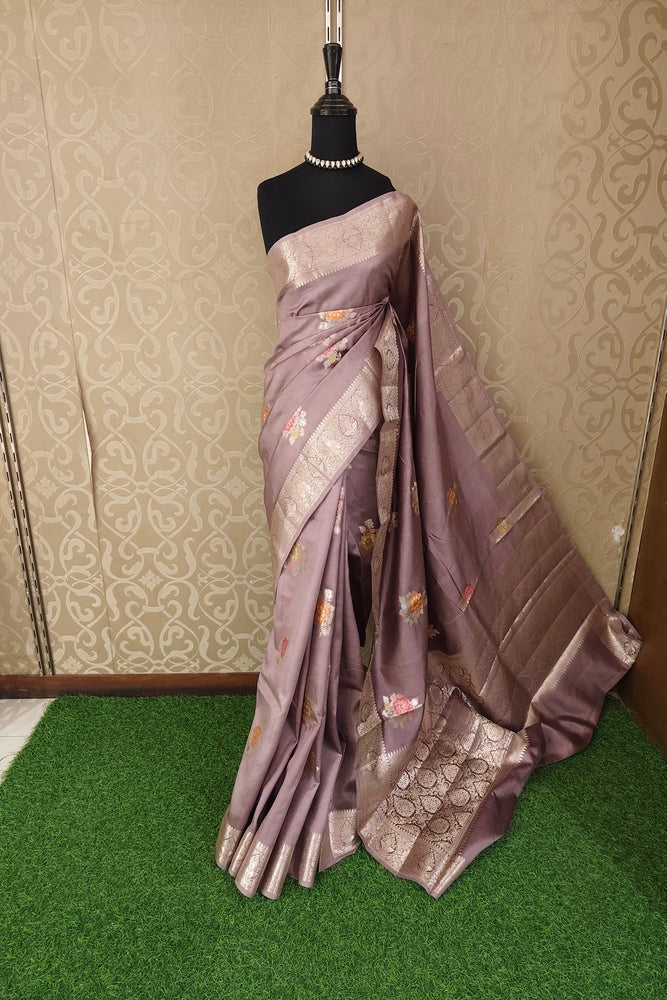 Mauve Chiniya Silk Saree Hand Woven Butas, With Unstiched Blouse
