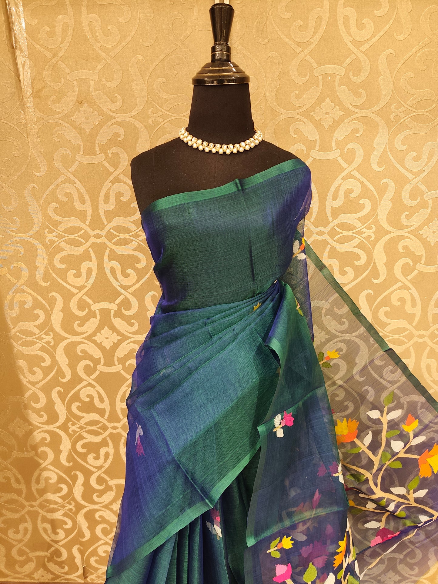 Rama Blue Muslin Dhakai Saree, Without Blouse