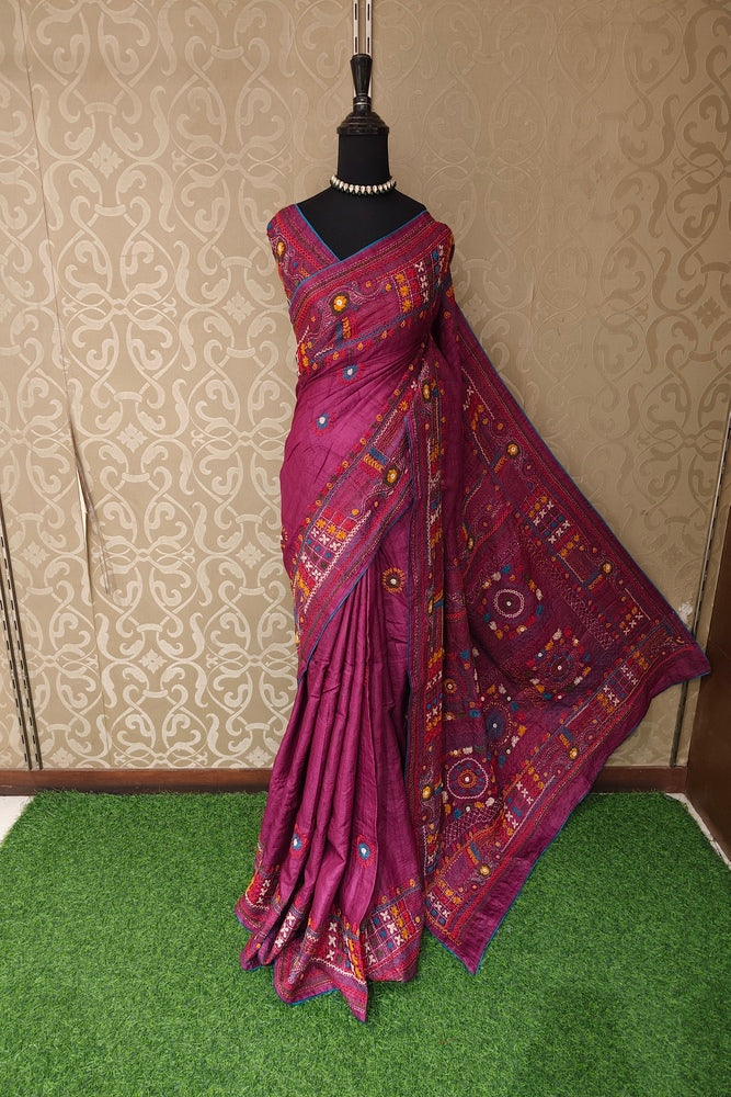 Deep Purple Tussar Hand Embroidery Work Saree, With Unstitched Blouse