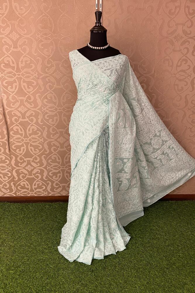 Sky Cotton Chikankari Saree with unstiched blouse, elegant party wear from Saarang Sarees featuring intricate embroidery and soft fabric