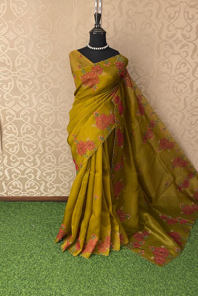 Lime Green Organza Silk Embroidery Saree, With Unstiched Blouse