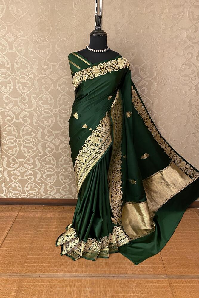 Bottle Green Mashru Silk Banarasi Handloom Saree, With Unstiched Blouse