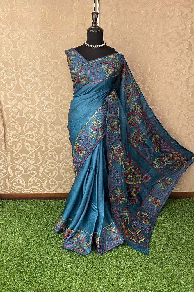 Royal Blue Tussar Embroidery Saree With Lambani Work Border, With Unstitched Blouse