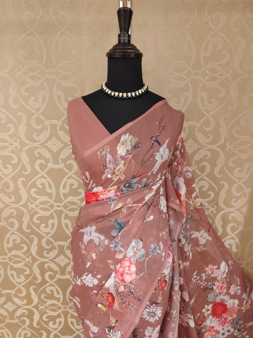 Brown Floral Printed Chiffon Saree, With Unstiched Blouse Piece