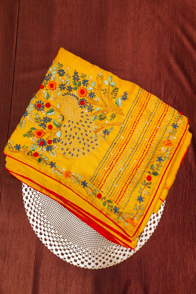 Mustard Yellow Semi Munga Silk French Knot Hand Embroidery Work Saree, With Unstiched Blouse