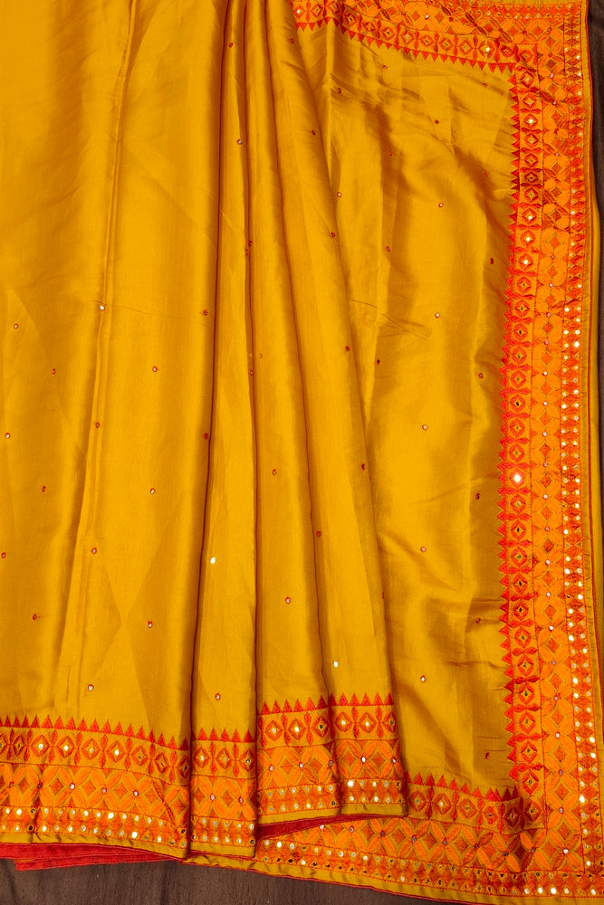 Mustard Yellow Semi Munga Silk Cross Stitch Work Saree, With Unstiched Blouse