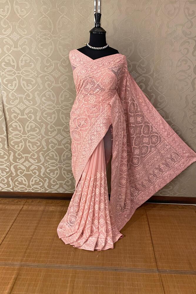 Baby Pink Blue Georgette Chikankari Saree, With Unstiched Blouse