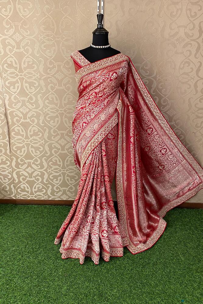 Red Banarasi Silk Saree With Zardosi Embroidery Work, With Unstiched Blouse