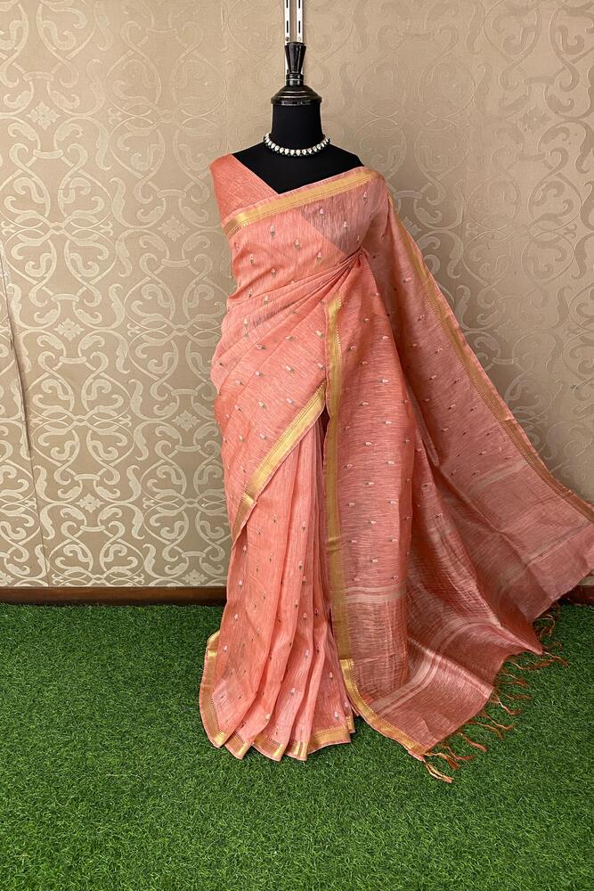 Peach pink pure linen Kashmiri work saree with embroidered details and unstitched blouse, traditional wear by Saarang Sarees.