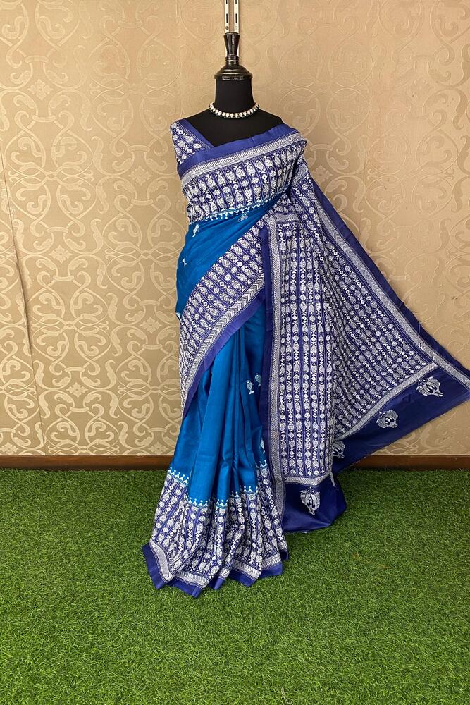 Indigo Blue Tussar Embroidery Saree With Kantha Work Border, With Unstitched Blouse