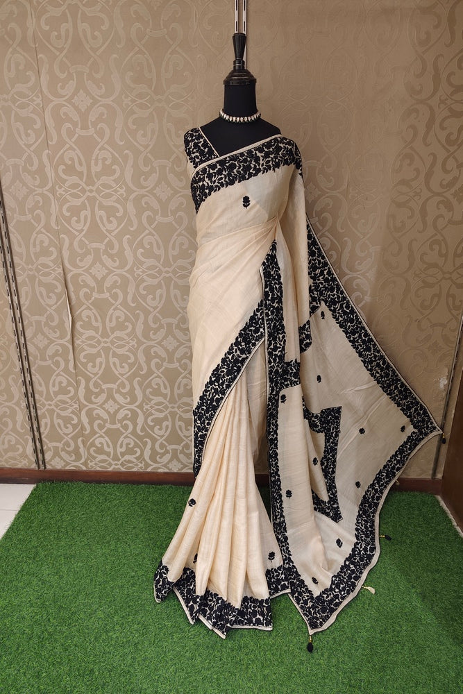 Off-White Tussar Hand Parsi Work Saree, With Unstiched Blouse