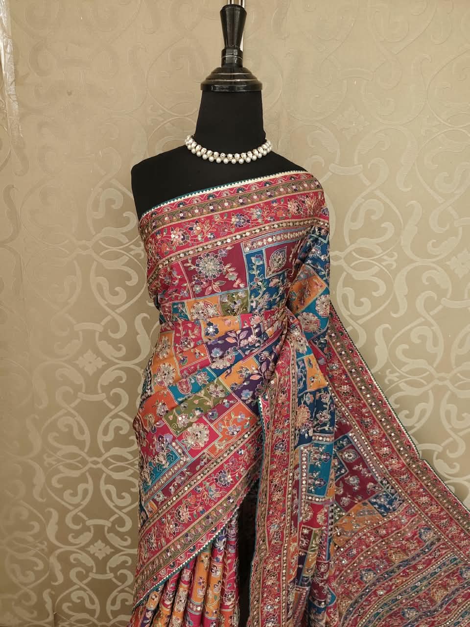 Magenta & Multi Crepe Printed Stone Work Saree, With Readymade Blouse