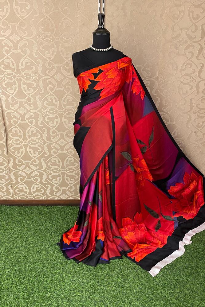 Black and multi-floral printed satin crepe saree with unstiched blouse, ideal for party wear by Saarang Sarees.