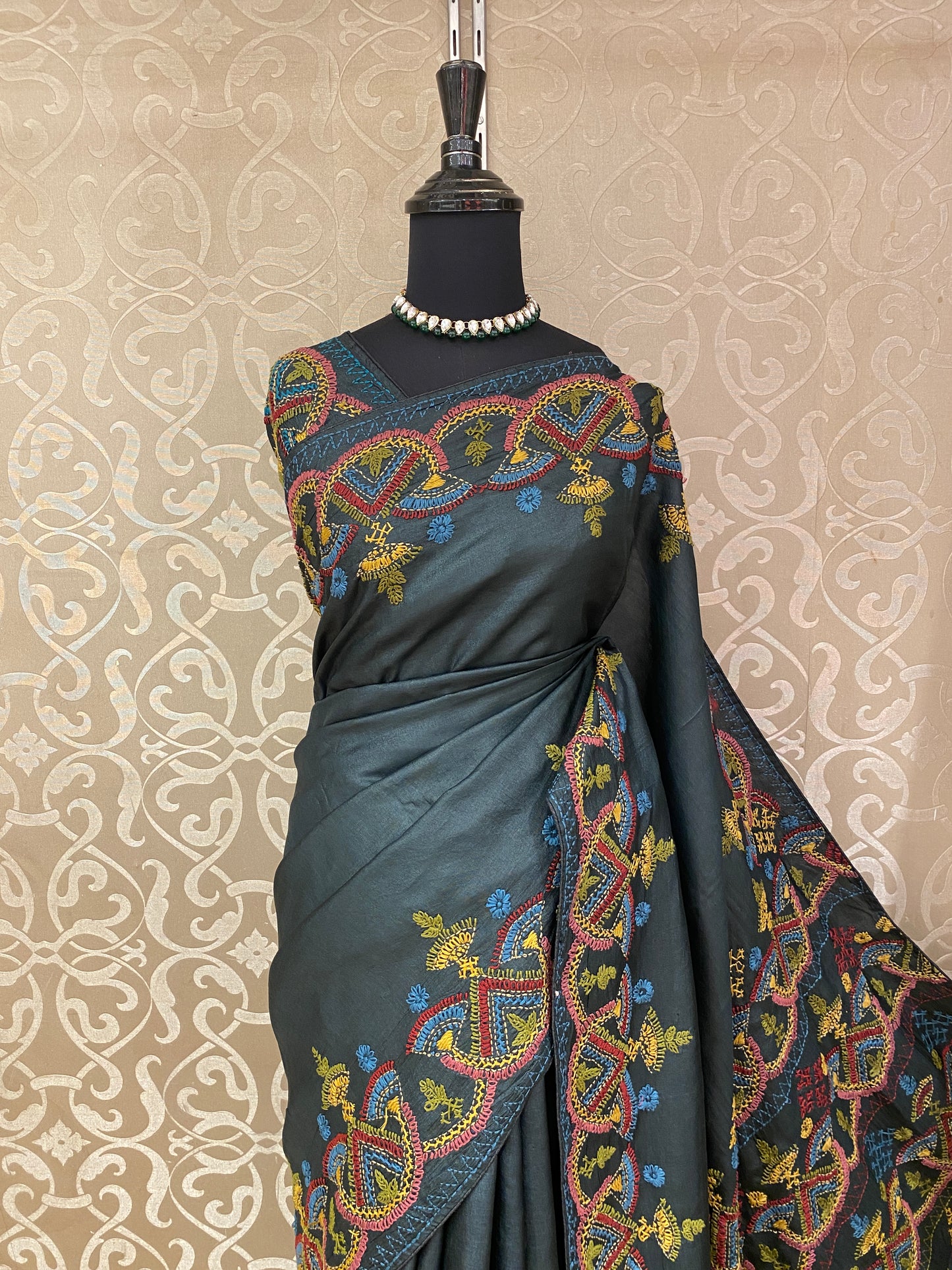 Black Tussar Embroidery Saree With Lambani Work Border, With Unstitched Blouse