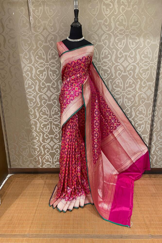 Magenta & Multi Banarasi Silk Saree With Patola Concept, With Unstiched Blouse