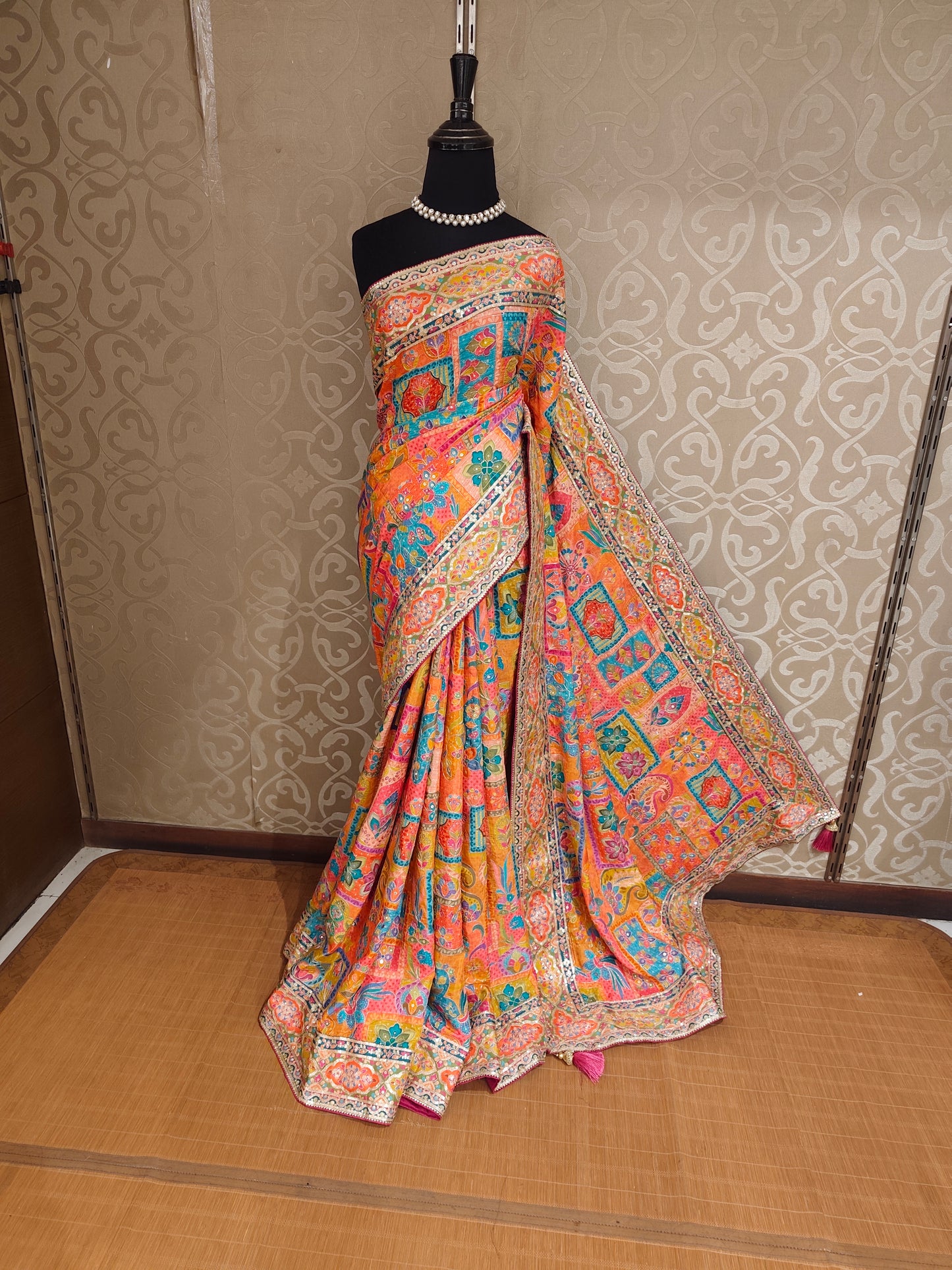 Multi Cocktail Satin Crepe Saree, With Unstiched Blouse