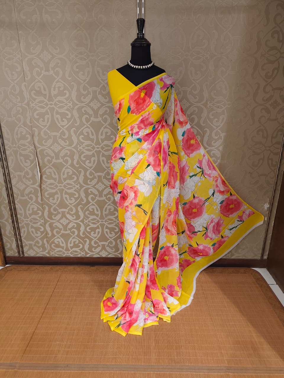 Yellow Floral Printed Chiffon Saree, With Unstiched Blouse Piece