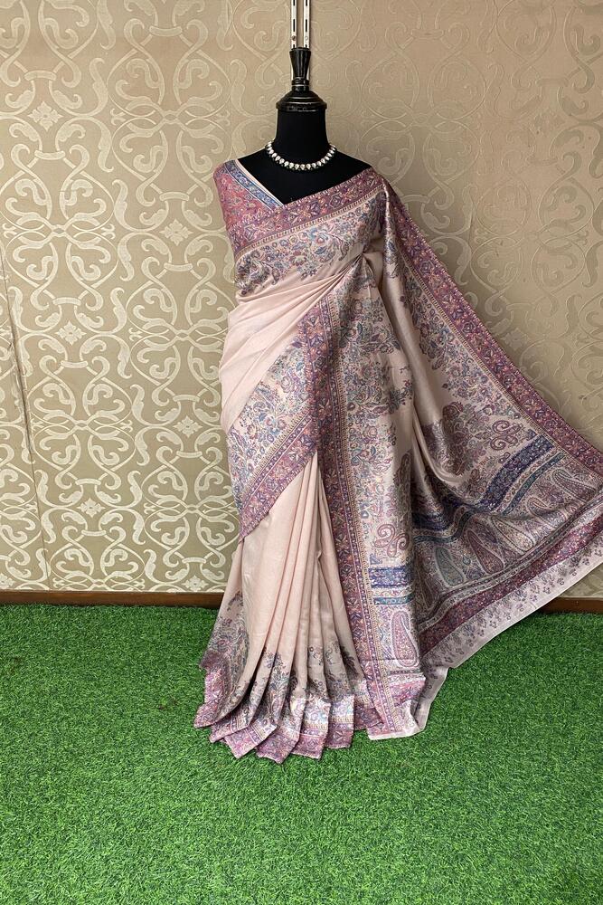 Cream Pure Kani Handloom Silk Saree With Floral Woven Blouse