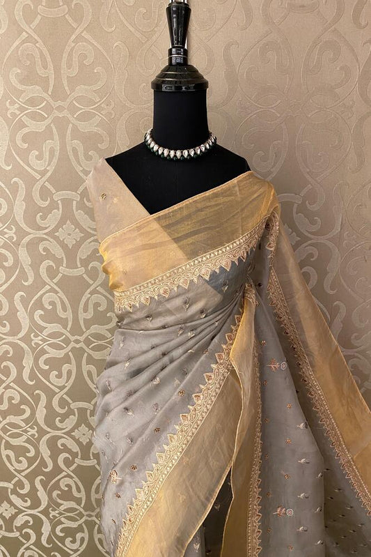 Grey organza silk embroidery saree with stitched blouse, perfect for party wear, from Saarang Sarees.
