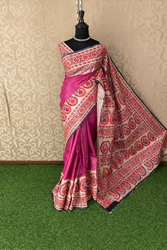 Magenta Tussar Embroidery Saree with Kantha work border and unstitched blouse, traditional Saarang Sarees ethnic wear.