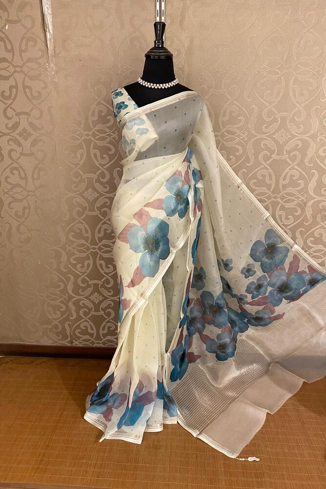 White & Blue Floral Printed Organza Saree, With Unstiched Blouse