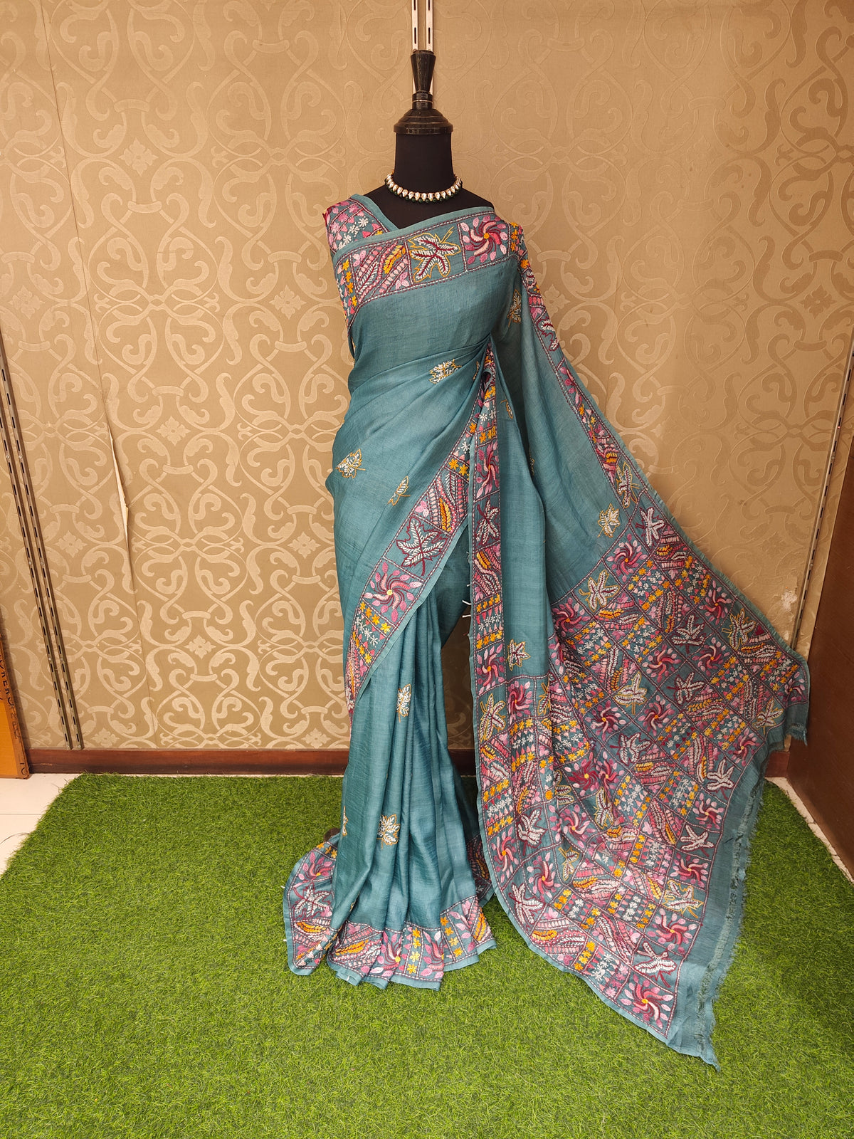 Powder Blue Tussar Hand Embroidery Saree, With Unstitched Blouse