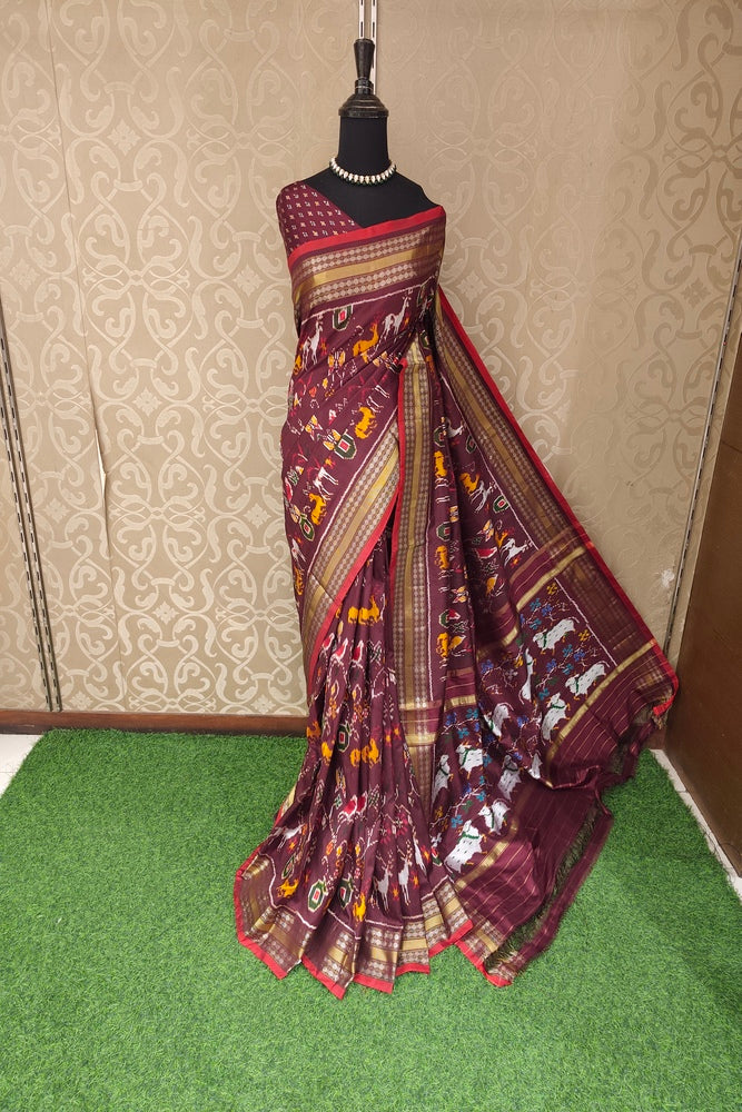 Brown Pochampally Ikat Silk Saree, With Unstiched Blouse