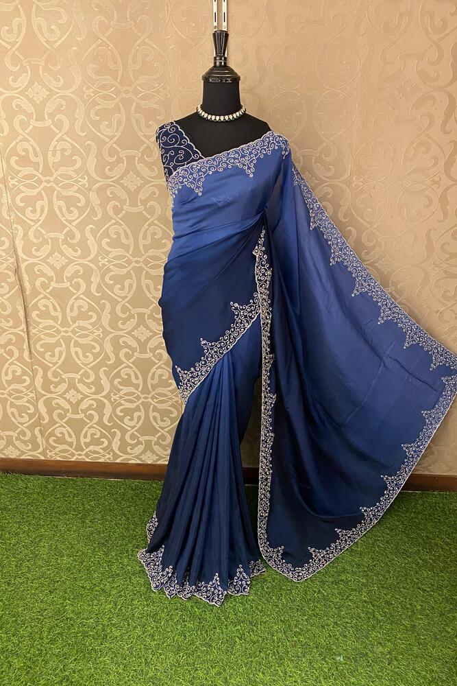 Navy blue soft organza silk saree with embroidery, party wear, featuring an unstiched blouse from Saarang Sarees.