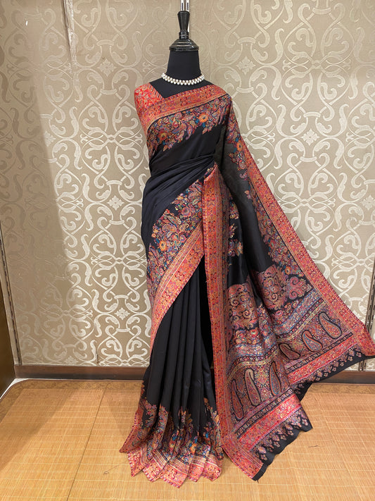 Black Pure Kani Handloom Silk Saree With Unstiched Jamewar Woven Blouse