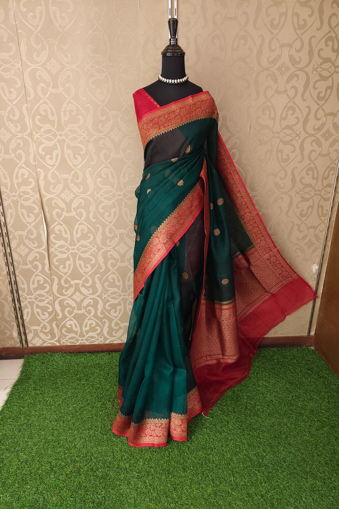 Bottle Green Kora Banarasi Silk Saree, With Unstiched Blouse