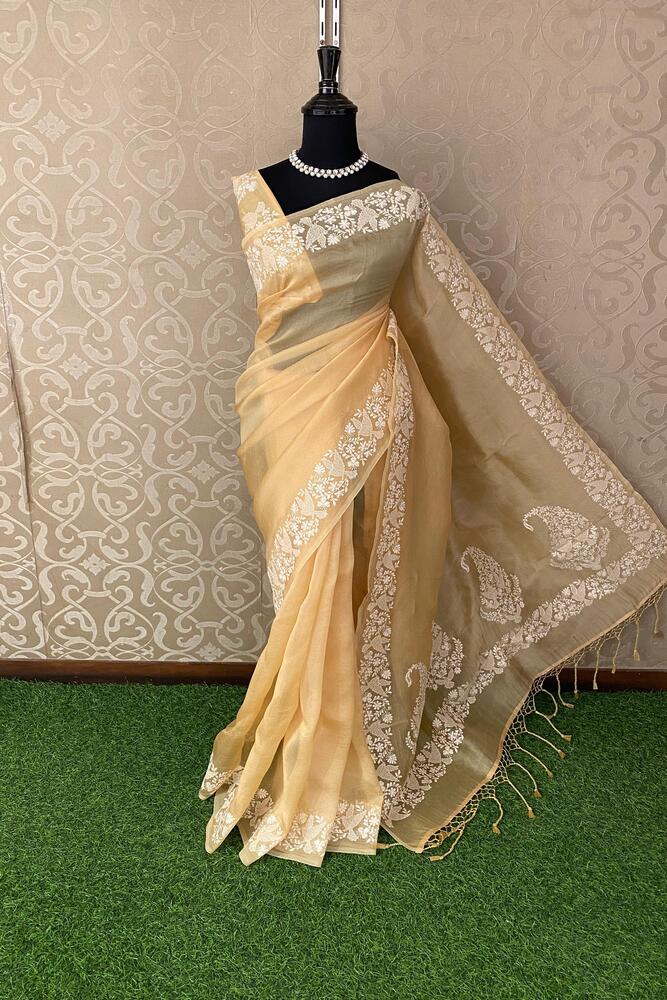 Yellow Organza Silk Resham Embroidery Saree, With Unstiched Blouse