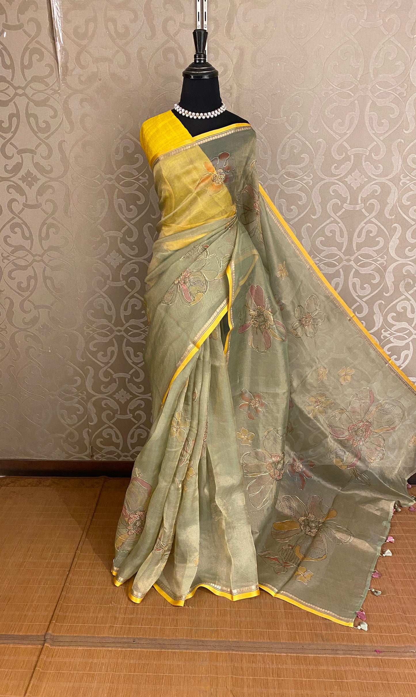 Light Pista Green Tissue Organza Silk With Ari Work Saree, With Unstiched Blouse