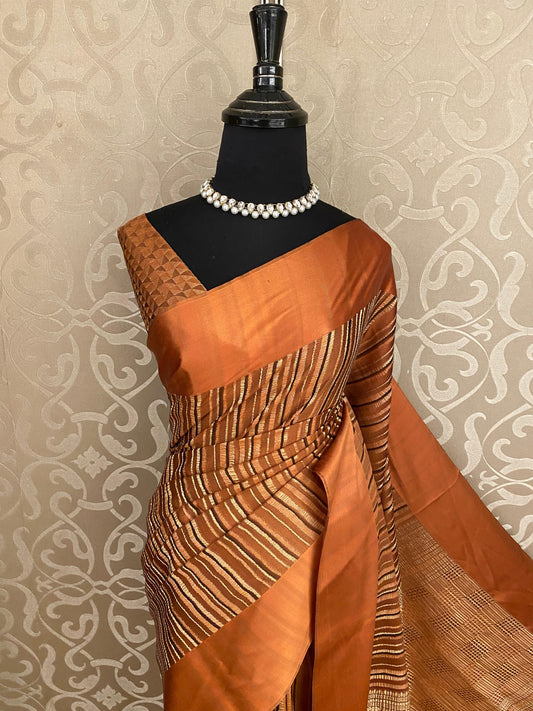 Brown Gradient Mysore Crepe Silk Banarasi Saree, With Unstiched Blouse