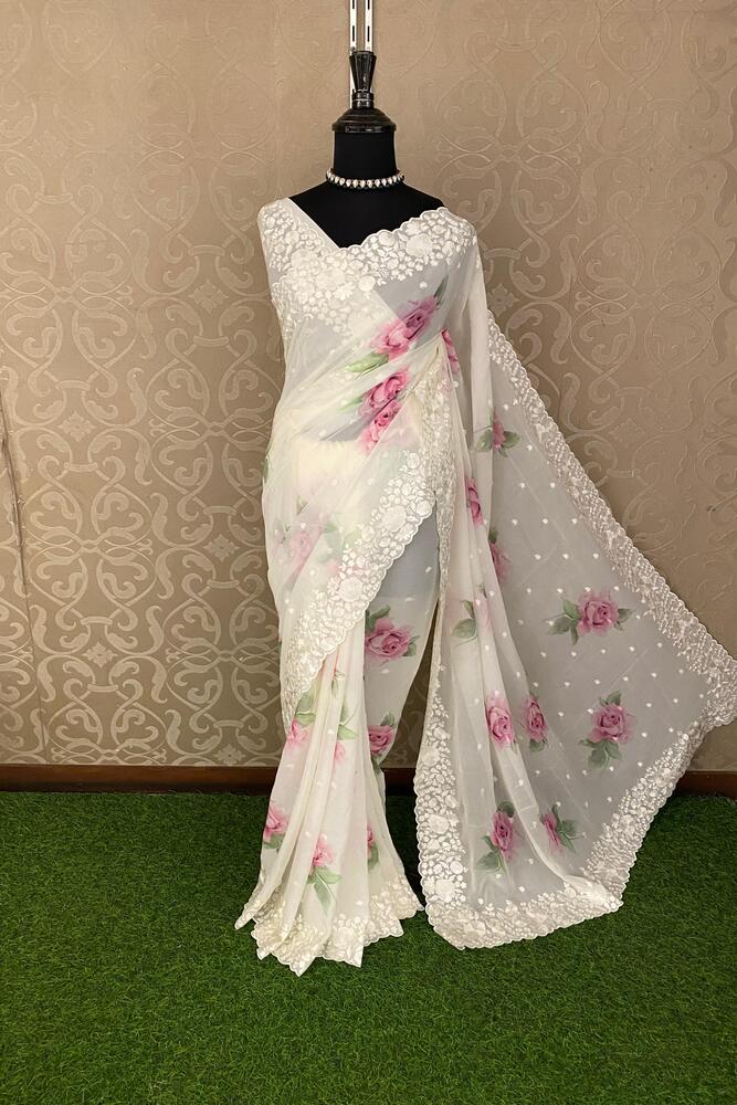 Off-White Printed Georgette Saree With Resham Embroidery Work, With Unstiched Blouse
