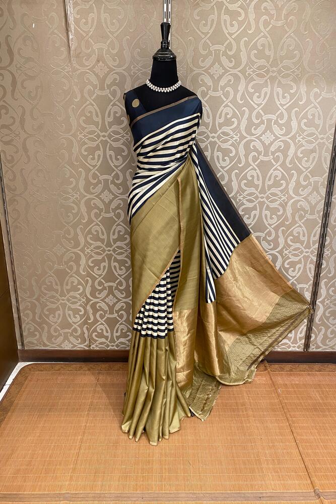 Zebra & Olive Gold Katan Mashru Silk Banarasi Handloom Saree, With Unstiched Blouse