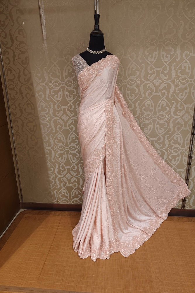 Light Peach Crush Silk Saree With Embroidery Border, With Unstiched Blouse