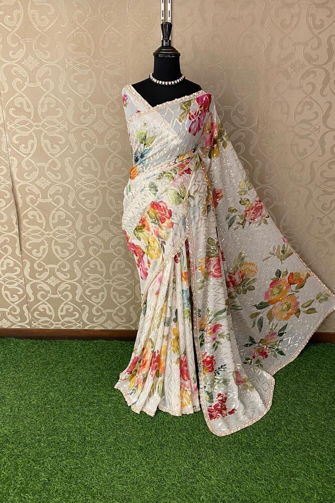 White Printed Georgette Sequin Saree, With Unstiched Blouse