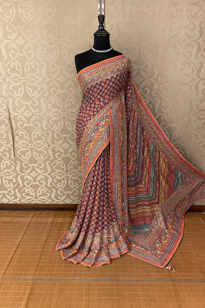 Multi Crepe Georgette Saree With Mirror Work, With Unstiched Blouse