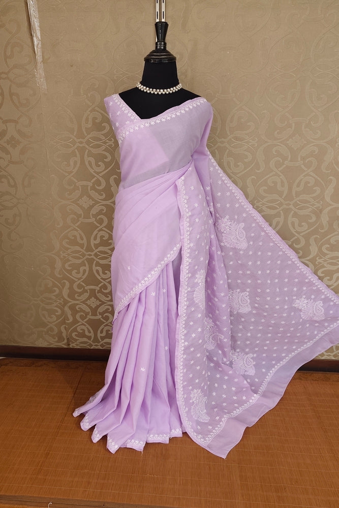 Lavender Cotton Saree With Chikankari Embroidery, Unstitched Blouse
