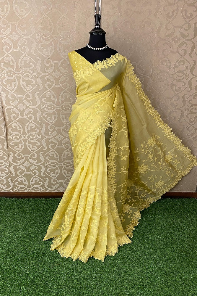 Yellow Organza Saree With Appliqué Work Border, With Unstitched Blouse